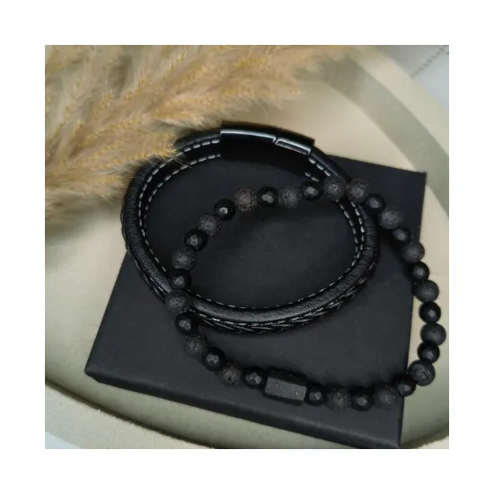 Bransoletka męska turmalin lawa wulkaniczna talizman amulet ochrona siła + skóra naturalna
